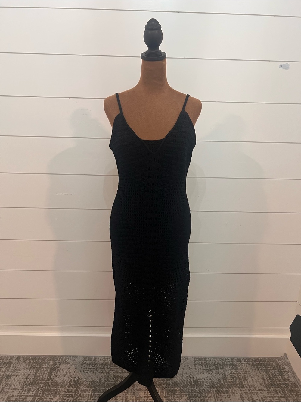 Express Black Crochet Midi Slip Dress with Spaghetti Straps